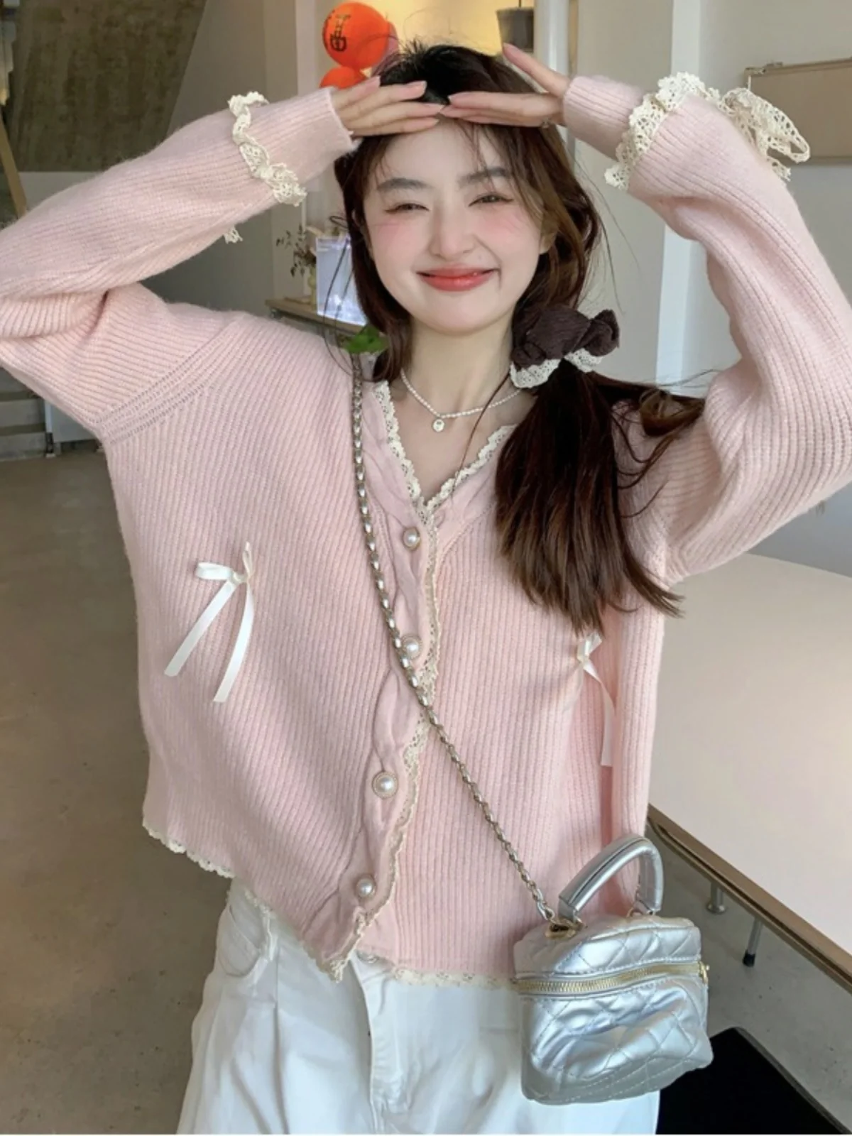 

Korean Sweet Twisted V-ne Pink Knitted Sweater Women's Early Spring Chic Splicing Lace Trim Sweater Cardigan Loose Fit Long...