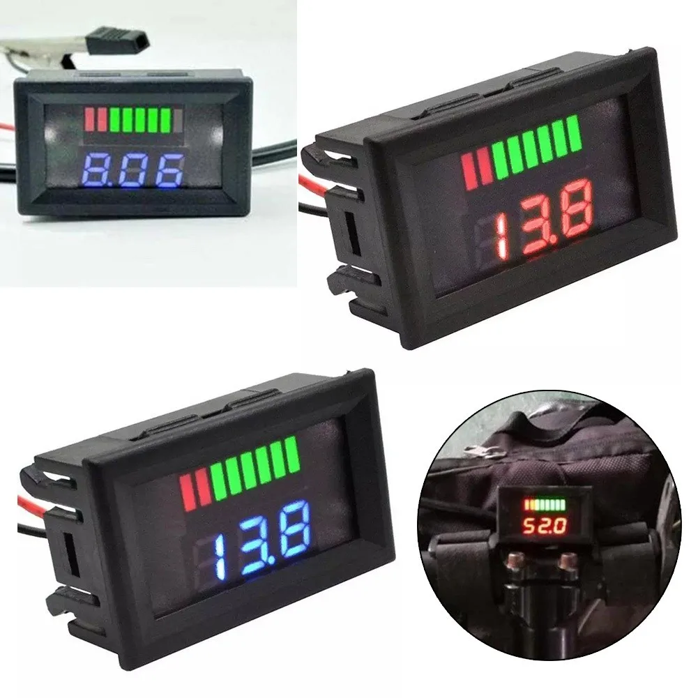 Voltímetro digital LED fácil de usar para carros, motocicletas e veículos marinhos, display transparente com barras de energia vermelhas e verdes