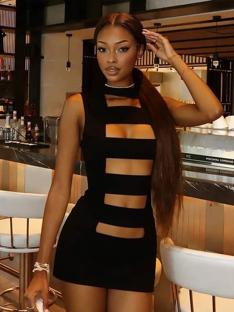Estranho gato oco zip sexy vestido feminino sem mangas sólido magro estiramento halter sem mangas estiramento festa de aniversário clubwear bodycon