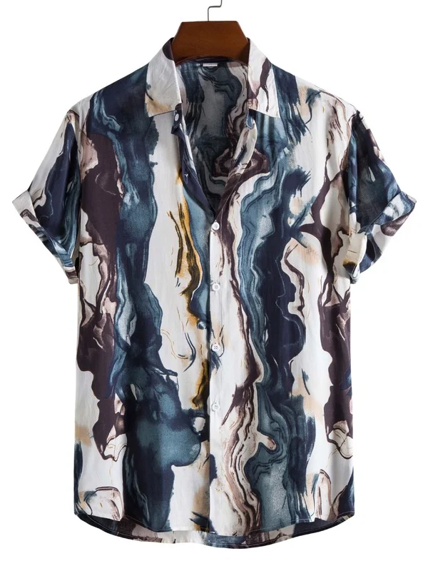 

Water Ink Painting Printed ort Sve Men's irt Loose Fit Youth Faion Summer Casual Cotton Polyester Blend irt