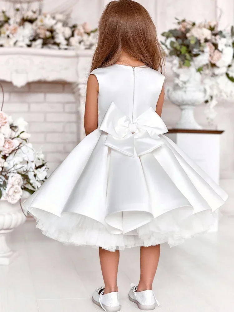 Vestidos de flores para niña, vestidos de desfile para niña, satén blanco con lazo sin mangas para boda, fiesta de cumpleaños, banquete, vestidos de princesa