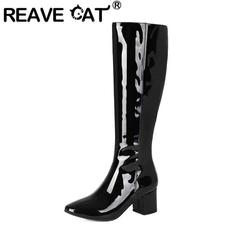 REAVE CAT Gold Women Knee High Boots Round Toe 6cm Block Heel Zipper Small Big Size 32 33 42 43 Sexy Dating Long Botas Handmade