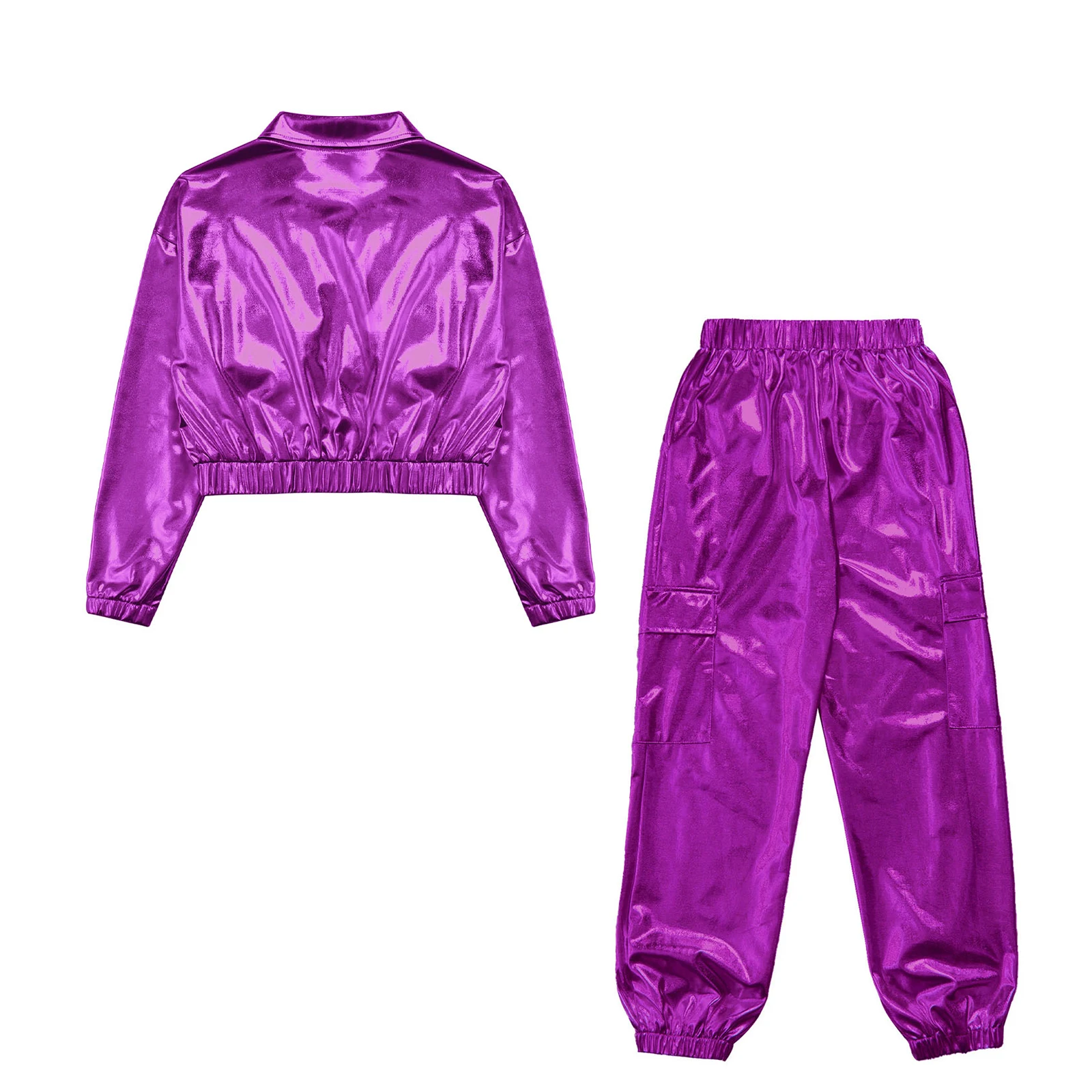 Kinder Jungen Mädchen Jazz Hip-Hop Street Dance Performance Kostüm Metallisch glänzend Langarm Sportjacke Mantel mit Hosen Outfits – Detail 17
