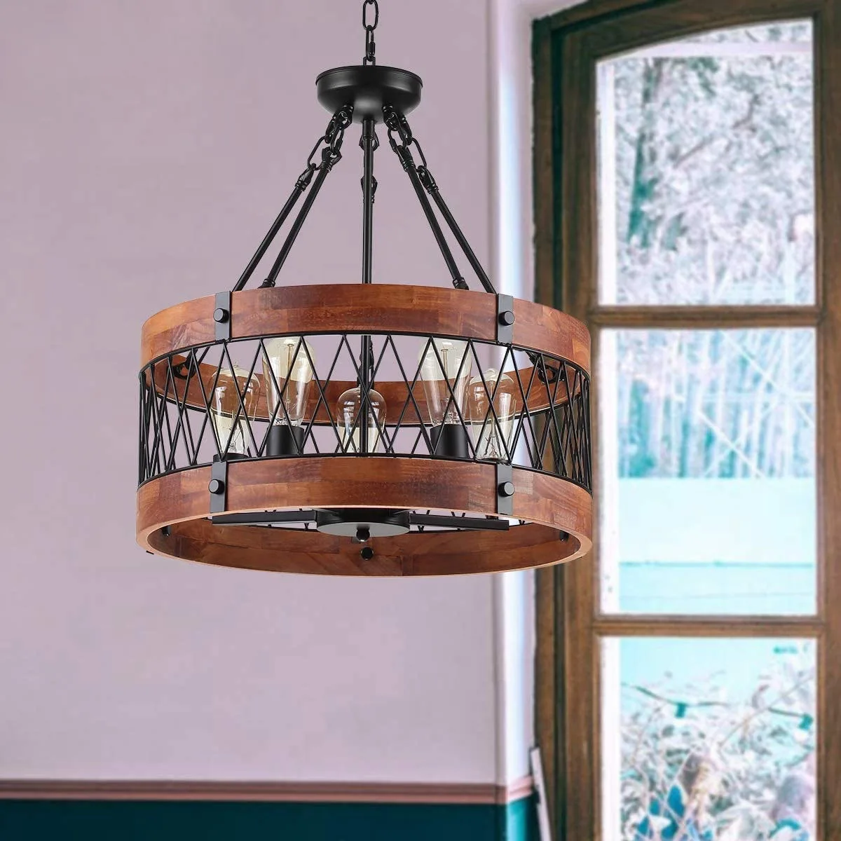 American Retro Black Metal Wood Caged Nordic Chandelier Lamp Industrial Vintage Ceiling Pendant Light
