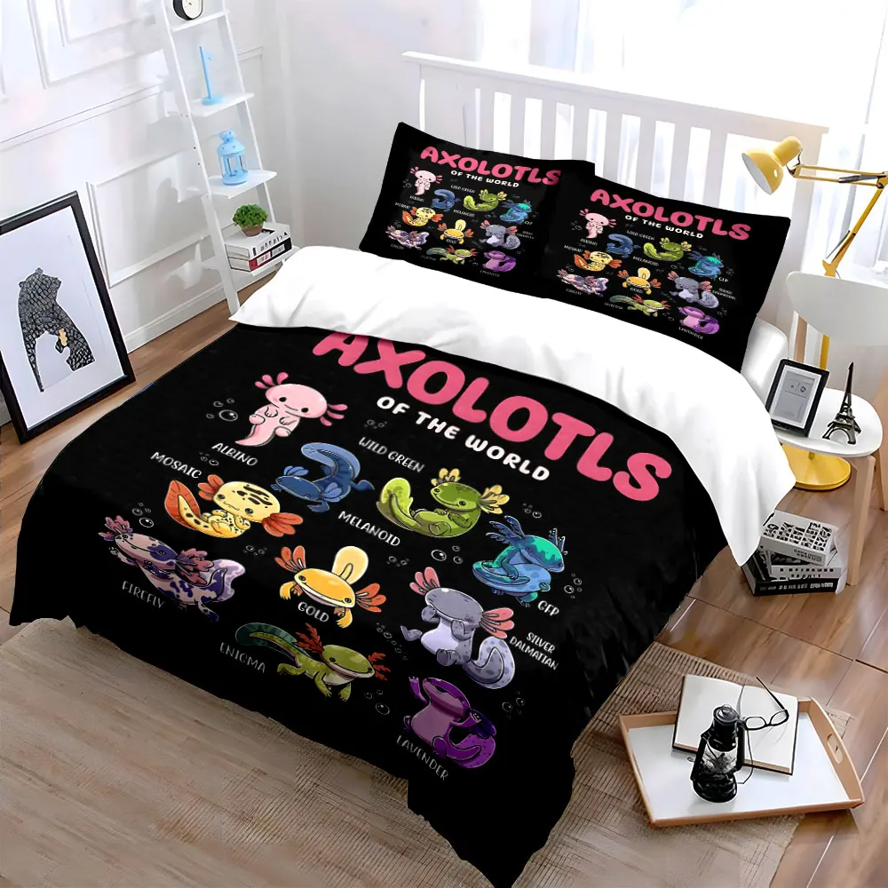 Adorable Axolotl Varieties Illustration Print Bedding Set 1 Duvet Cover 2 Pillowcases for Adult and Children Luxury Gift
