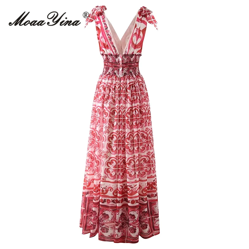 MoaaYina Summer Fashion Runway Vintage Safflower Porcelain Printing Dress Women V Neck Sleeveless Elastic Waist Maxi Long Dress