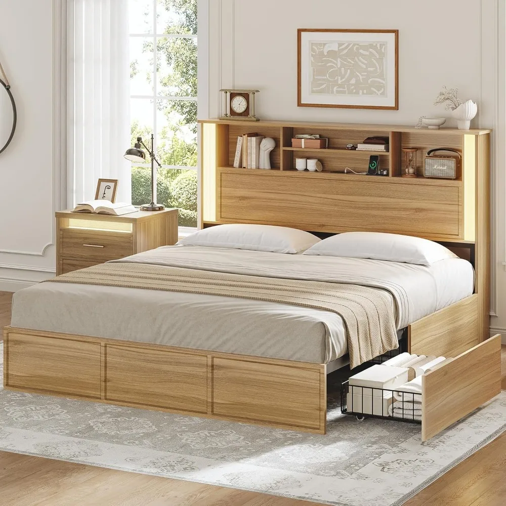 Queen Bed Frame with 4 Storage Drawers and 3 Tier Storage Headboard, Black Wooden Bed Frame Queen Size with Charging Station and