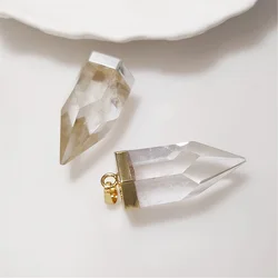 FUWO 1Pcs Natural Clear Quartz Pendant,Golden Plated Semi-Precious Stone Crystal Point Accessories For Jewelry Making PD326C