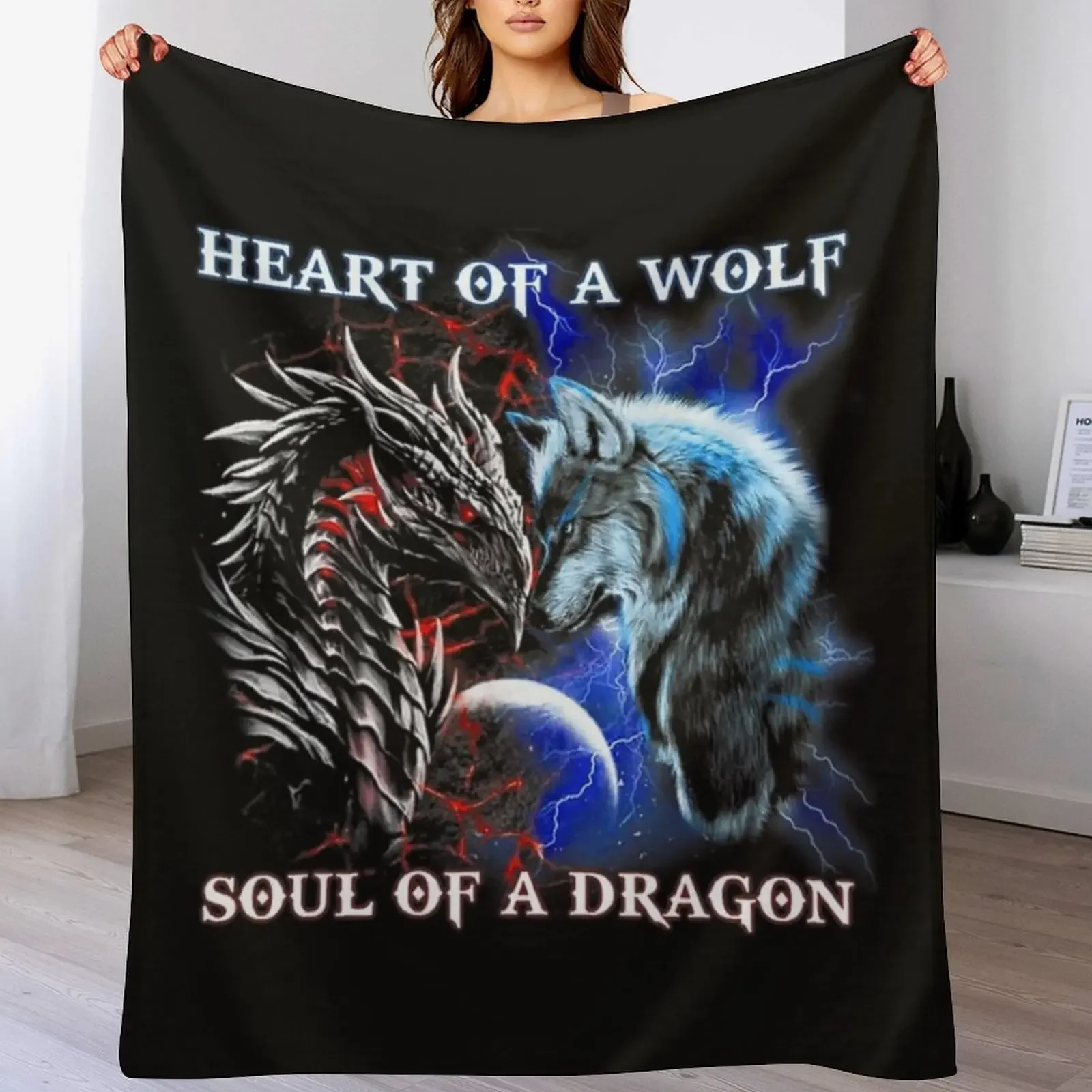 Heart Of Wolf Soul Of A Dragon - Cool Dragon - Wolf Warrior Throw Blanket Soft Home Decor Blanket for Couch Bedroom
