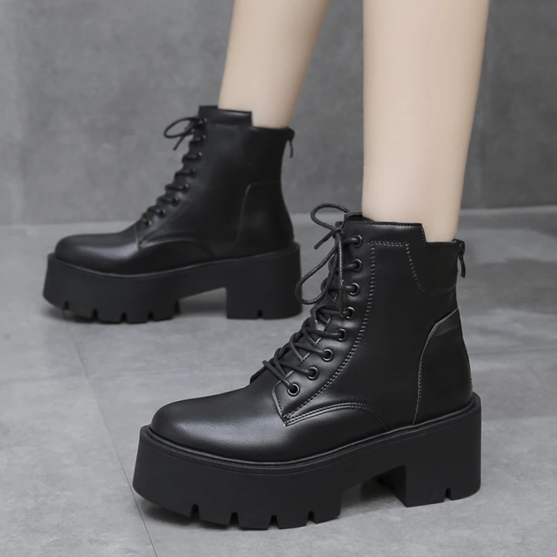 Rimocy Autumn Winter Chunky Motorcycle Boots Women Punk Style Thick Bottom White Ankle Boots PU Leather Platform Booties Woman