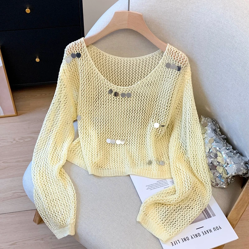 Spring Summer Women Hollow Out Sequins Knitted Hoodie Round Neck Long Sleeve Short Tops Chic Female Thin Knitwear