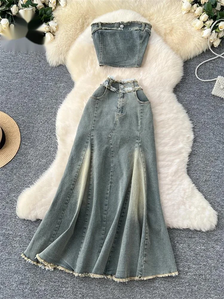 

Retro Streetwear Denim Suits Female Elastic Sheath Mini Strapless Tank Top+Mermai Long Skirt Women Fashion Summer Sets