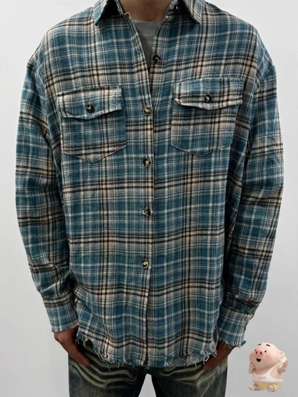 

Classic Heavy Fabric Blue Flannel Cotton Plaid Hem Tassels Handcrafted Shirt Men Women Oversized Shirts Top