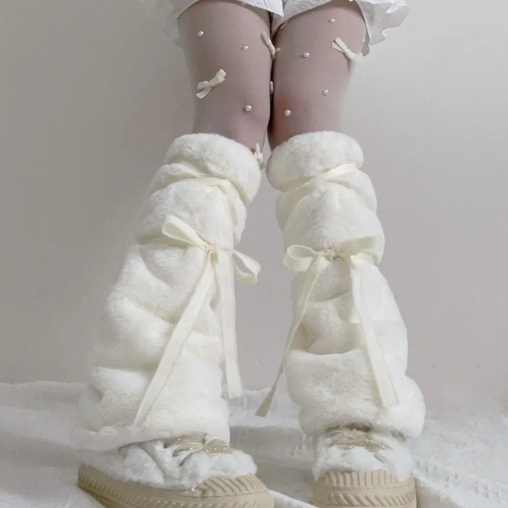 Y2K Furry Women Leg Warmers Tie-up Elegant Calf Cover Boot Socks Leg Protection Leg Socks Long Stockings for Party Street