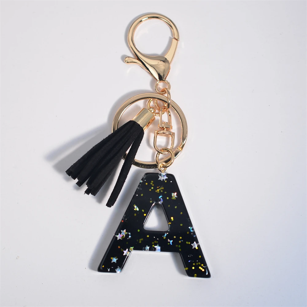 Black Initials A-Z Keychain Glitter Star Sequins Resin Letters Keyring With Tassel For Women Bag Ornaments Charm Car Key Holder