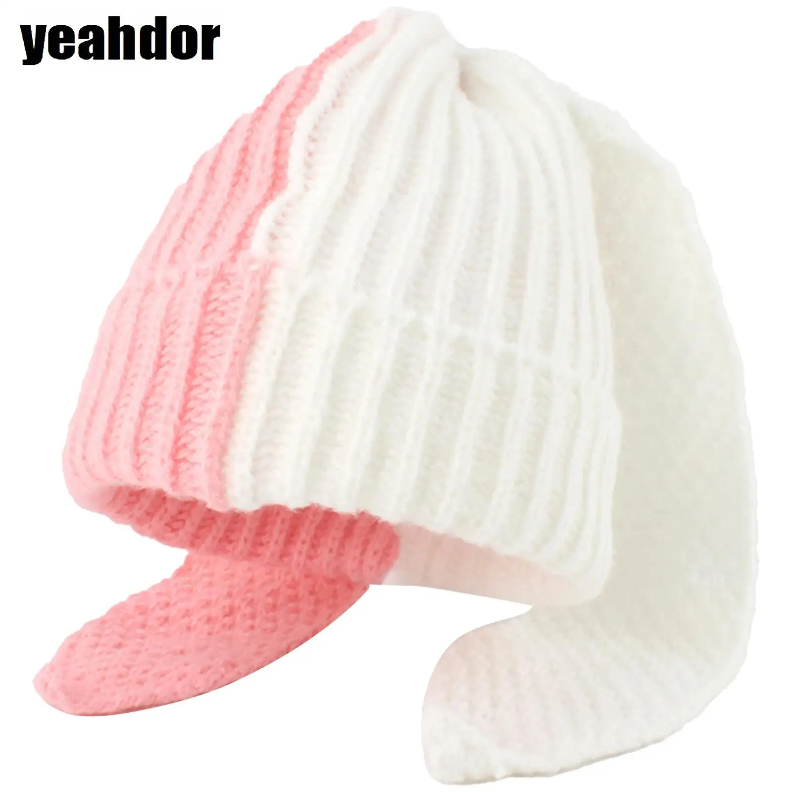 Women Cute Rabbit Ears Winter Hat Color Block Warm Keeping Knitted Winter Hat Cap Costume Accessory for Daily Wear