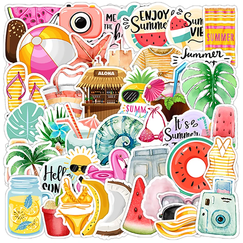 50PCS Summer Fresh And Clean Holiday Beach Stickers Cartoon Aesthetic Stationery Helmet Suitcases Cartoon Decals Kids Toys Gift