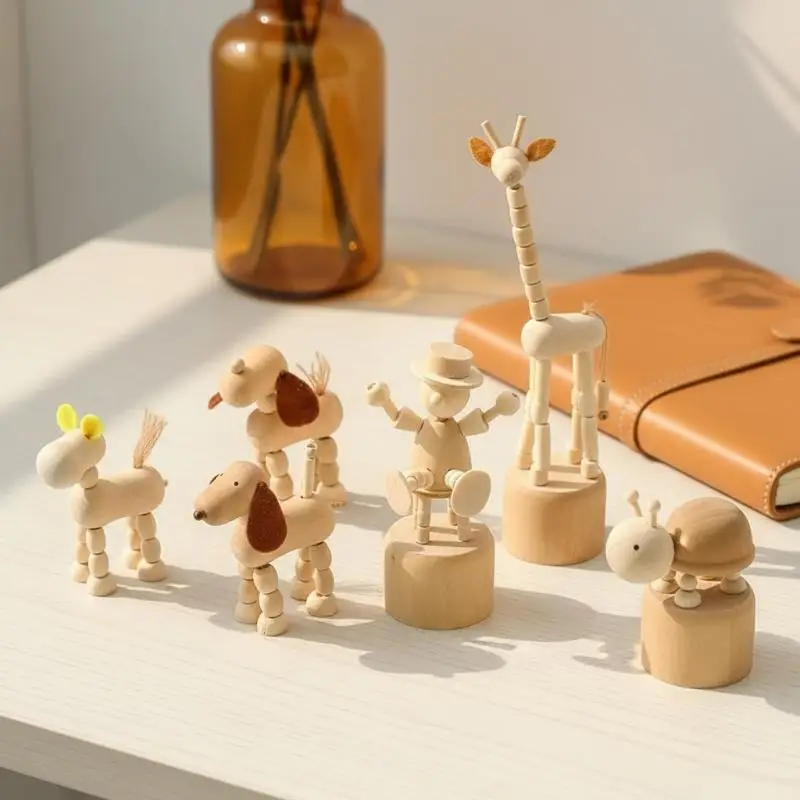 Cartoon Wooden Elephant Tiger Finger Puppet Toys Mini Movable Animal Figures Desktop Decoration for Child
