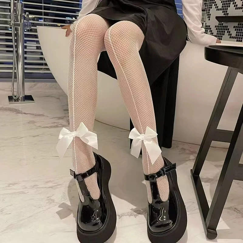 Retro Netzstrumpfhose mit Rückennaht für Damen, Schleifendesign, Gothic Lolita Sexy Strumpfhose, Schwarz-Weiße Spitzenstrümpfe