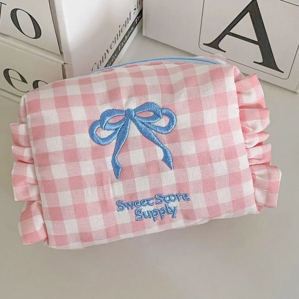 Bow Embroidered Women Cosmetic Bag Ruffle Edge Makeup Storage Bag Travel Toiletry Bag Zipper Large Capacity Checkered Coin Purse