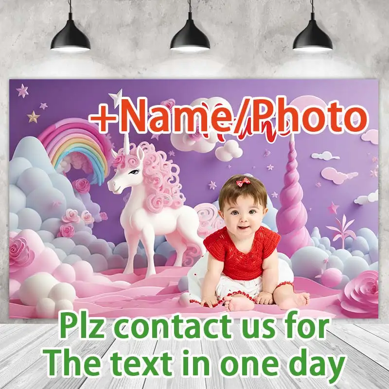 Unicorn Party Backdrops Princess Girl Birthday Photography Cake Smash Rainbow Balloons Background Shoot Customize Name Photo