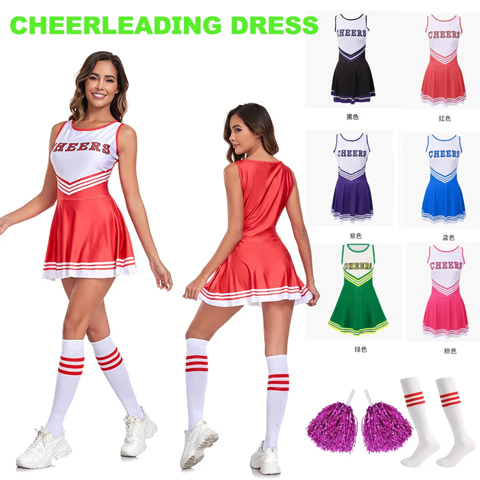 Adult Cheerleader Six-color Sleeveless Dress With Socks and Hand Flowers Girls Cheerleader Clothes Stage Performance Dress