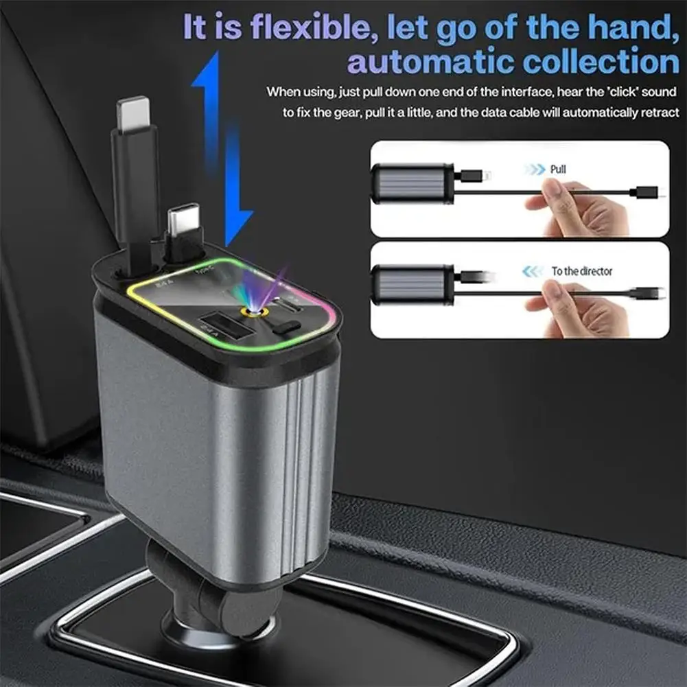 4 In 1 Retractable Car Charger Starlight In Car Roof 100w USB Type C Ports Super Fast Car Phone Charger Car Adapter For Iphone