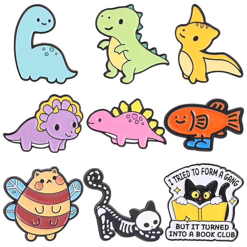 13style Cartoon Animal Enamel Pin Dinosaur Collection Brooches Cowboy Dino Bookish Cat Bee Goldfish Badge T-Rex Jewelry Gift