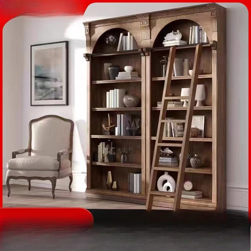 

Arched bookcase with ladder living room whole wall display European solid wood carving flower bookshelf display