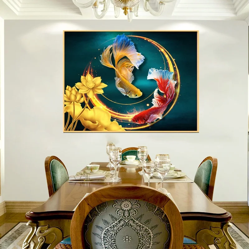 

DIY full Diamond Embroidery,Round Diamond Lucky double koi lotus Living room decoration rhinestone bead Diamond painting