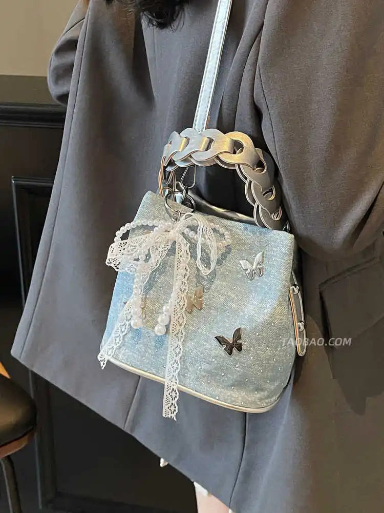 حقائب دلو فاخرة من قماش الدنيم للنساء جديدة متعددة الاستخدامات للتنقل من الماس اللامع حقائب كروس عصرية حقائب يد نسائية متخصصة