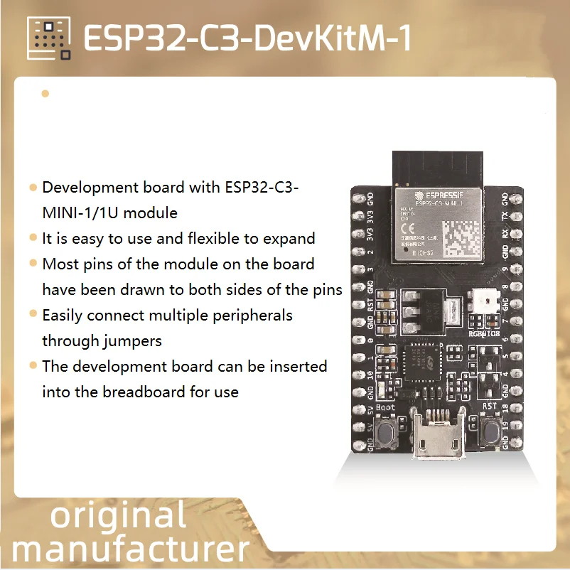 

ESP32-C3-DevKitM-1 development board, equipped with ESP32-C3-MINI-1 / ESP32-C3-MINI-1U module