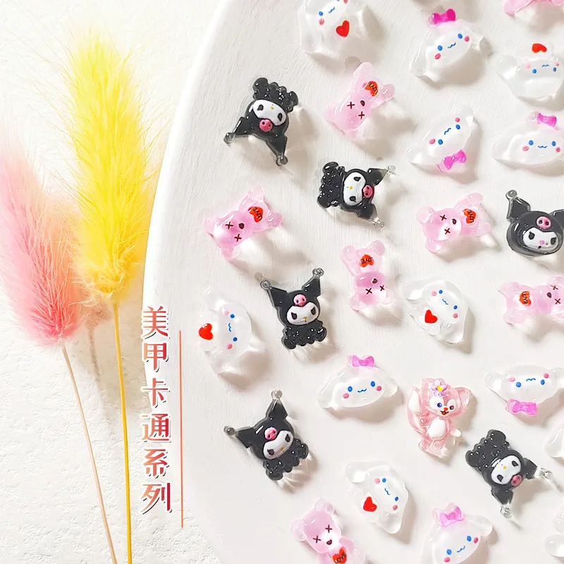 30Pcs/lot Kawaii Kuromi Hello Kitty Purin Cinnamon 3D Doll Nail Jewelry Diy Cartoon Anime Resin Sticker Drill Accessories