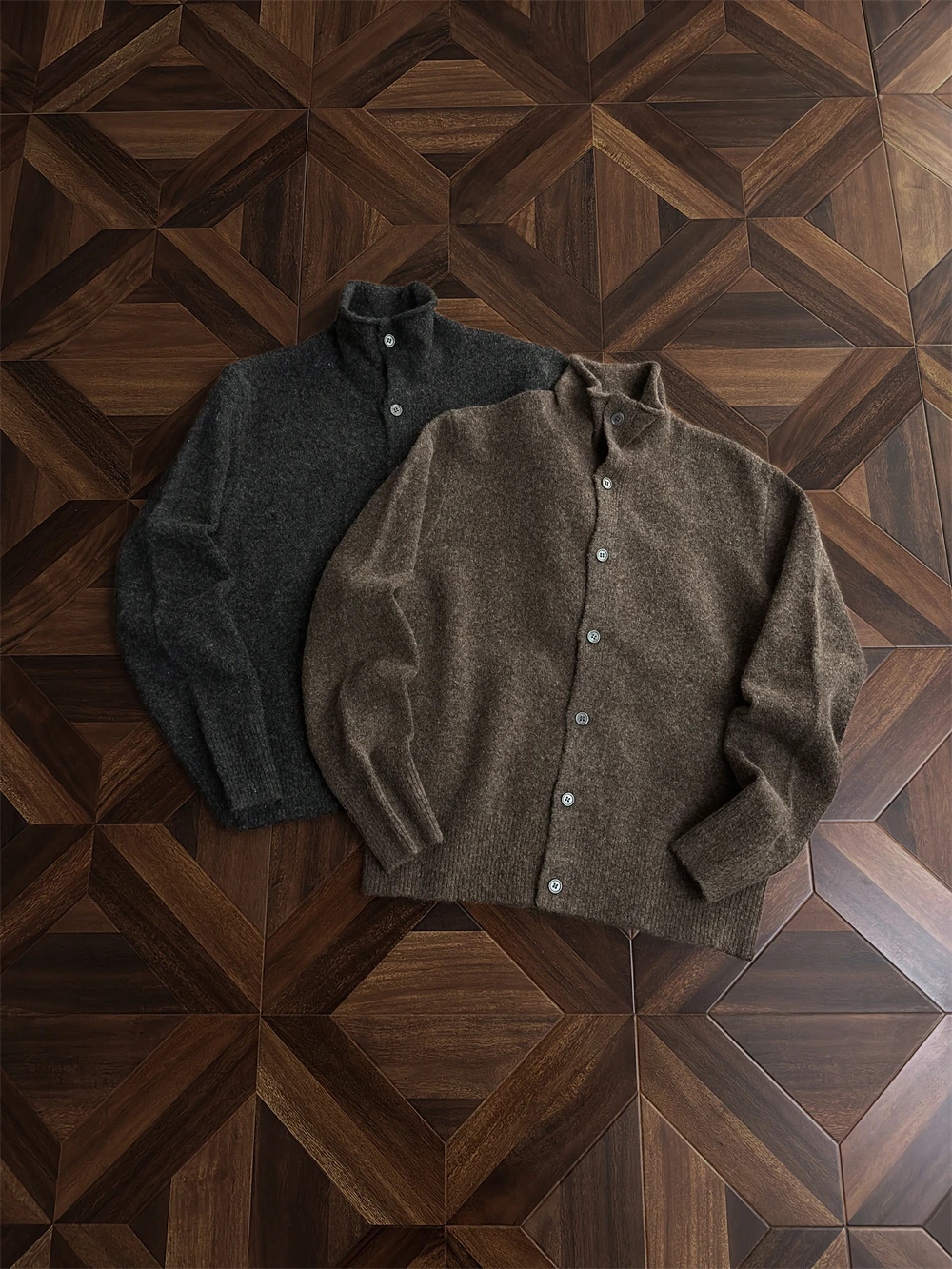 

Retro American Knitted Brown Cardigan Coat Men's Style Autumn Spring Wealthy Old Money Fashion Half High Collar Wool Sweater