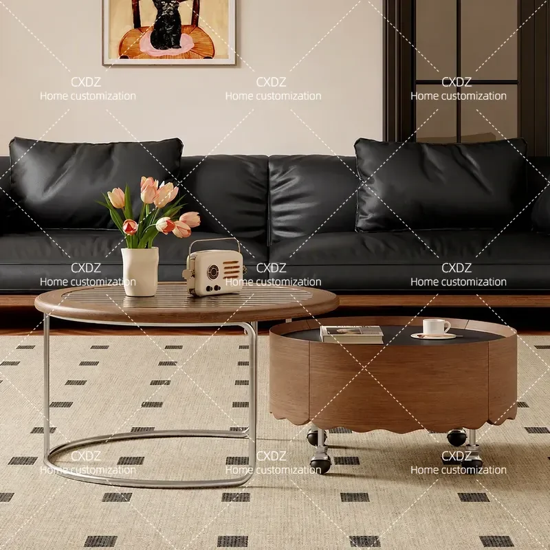 Retro Medieval Style Round Coffee Table Set Solid Wood Living Room Furniture Small Apartment Simple Mobile Tea Table 2026