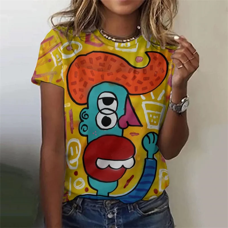 T-shirt à motif abstrait pour femmes, t-shirts College en 3D de dessin animé coloré, t-shirts Harajuku Street O-Neck, t-shirts à manches courtes en Y, été