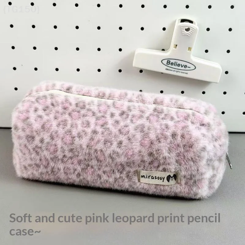 〔T〕Fluffy Pink Leopard Print Pencil Case Soft Plush Large Capacity For Students Daily Office Stationery Storage
