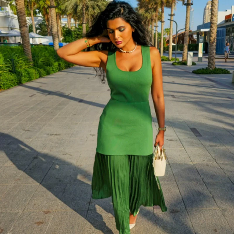 HXAO 그린 플리츠 드레스 여성용 드레스 여름 2025 우아한 니트 패치워크 롱 드레스 민소매 베스티도스 하이 스트리트 드레스