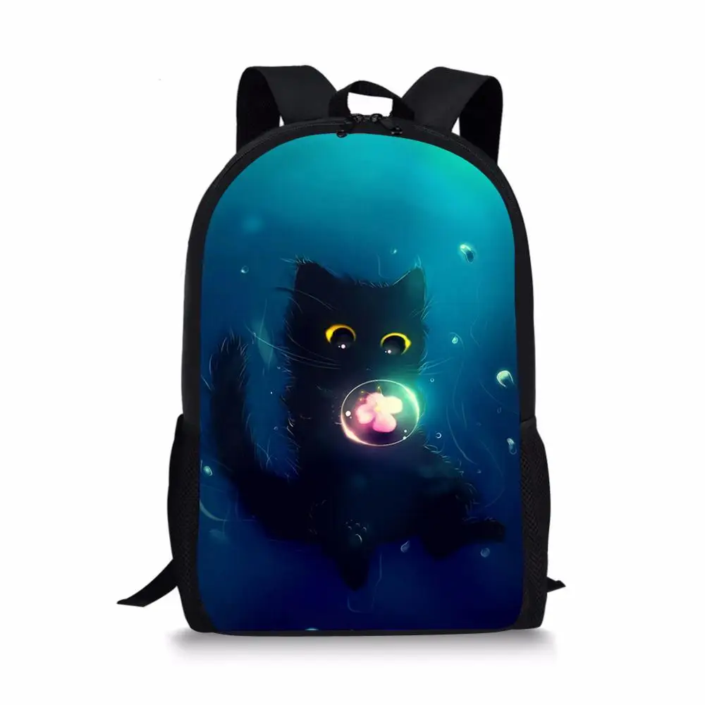 Mochilas escolares con diseño de gatos de fantasía negra, mochilas escolares para niños y niñas, mochila para estudiantes con pintura de animales pequeños de dibujos animados