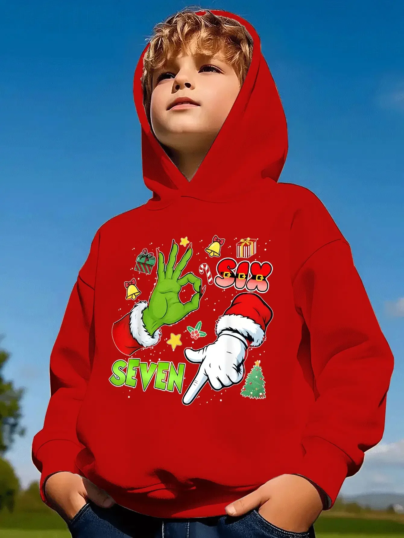 Kids Boy 7th Birthday Christmas Graphic Printed Hoodie Six Seven Santa Hand Sweatshirt Loose Hooded Jumper Autumn Clothes