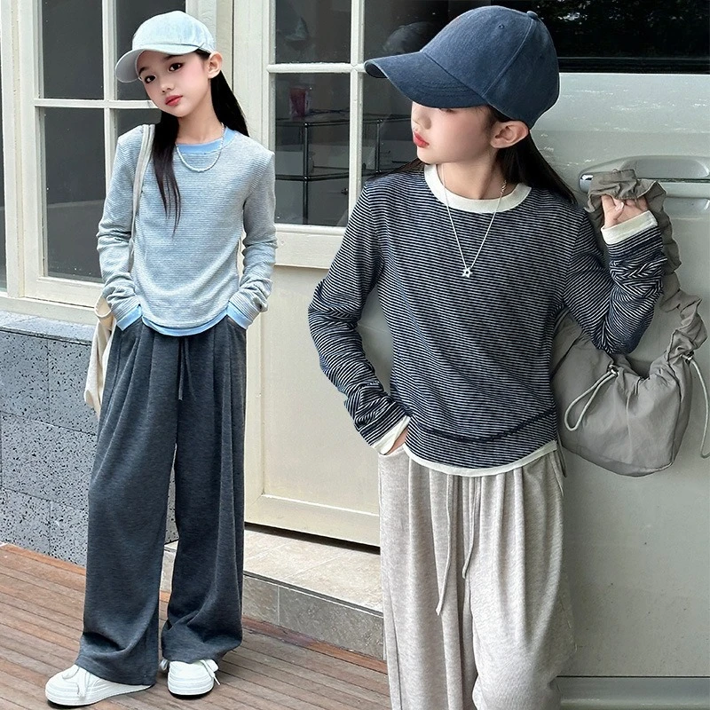 

Детская трикотажная кофта для девочек, весна-осень 2026, новая коллекция, с длинным рукавом, облегающая, в полоску, базовый слой, для детей постарше, одежда