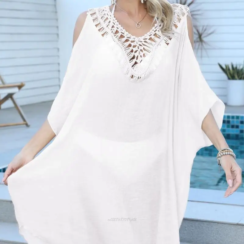 Warm Weather Beach Cover Up Dress Crochet Open Back Resort Layer with Hollowed Cutout Shoulder Detail for Shore Walks and Travel