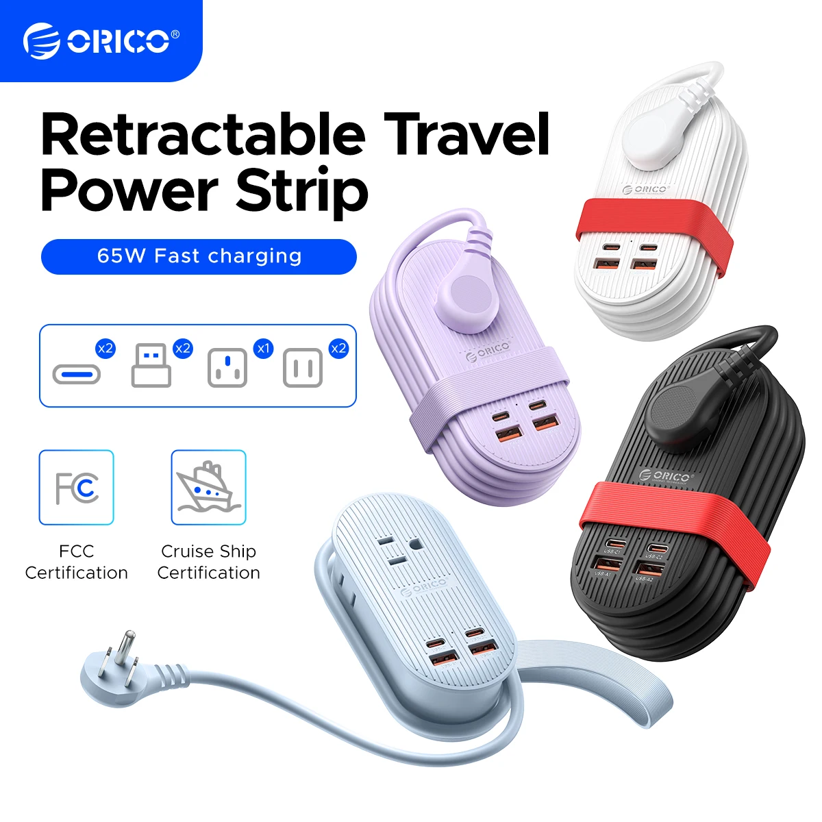 ORICO Cable-Wrap Portable Travel Power Strip 65W GaN Fast Charging Station with 3 AC Outlets 2 USB 2 Type-C US Plug Adapter Home