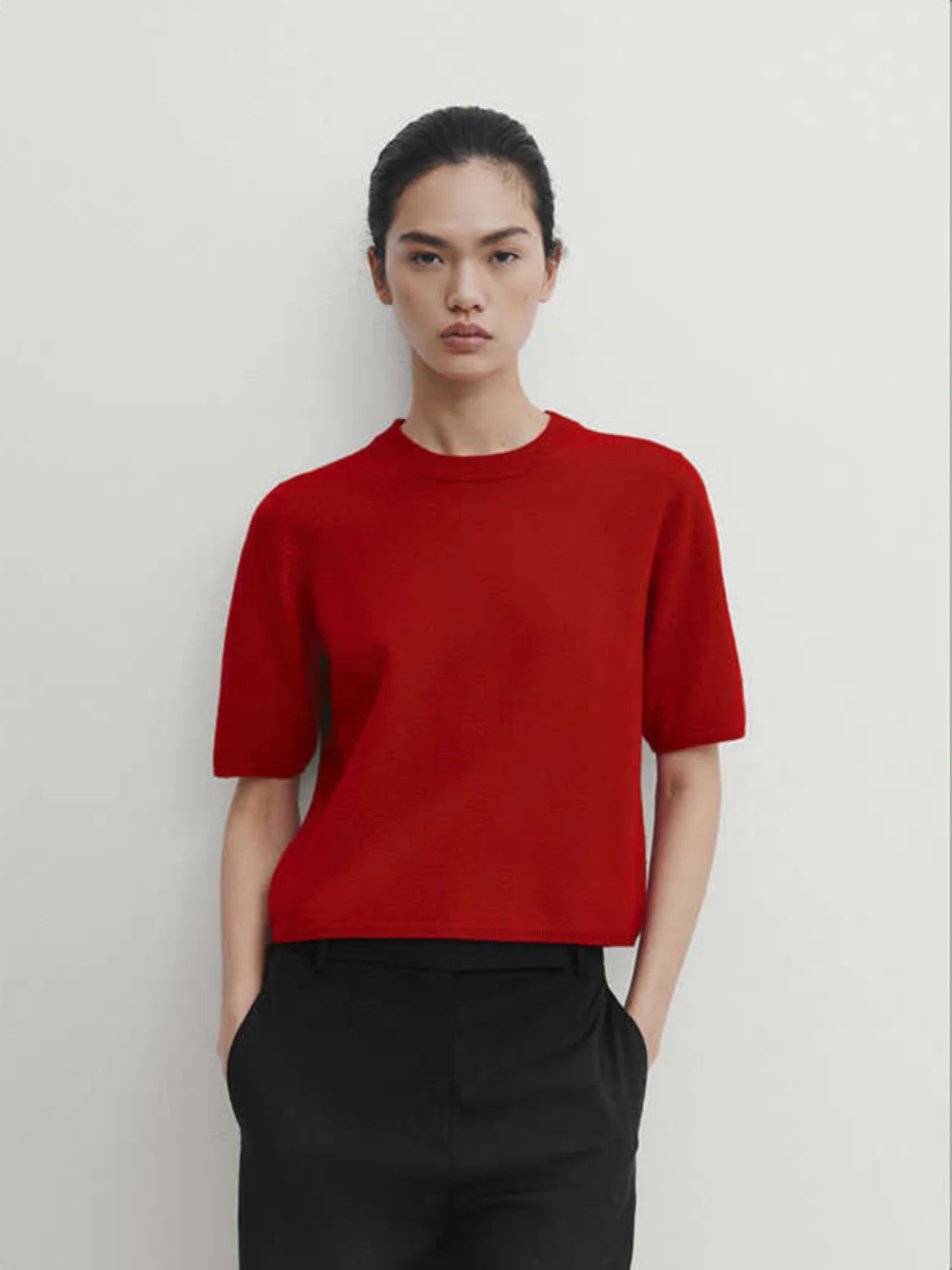 เสื้อยืดผู้หญิง MD ทรงกลม ผ้าถักผสมขนสัตว์ สีแดง สไตล์ลำลอง นุ่ม สบาย ใส่ได้ในฤดูร้อน สินค้ามาใหม่ แฟชั่นทันสมัย