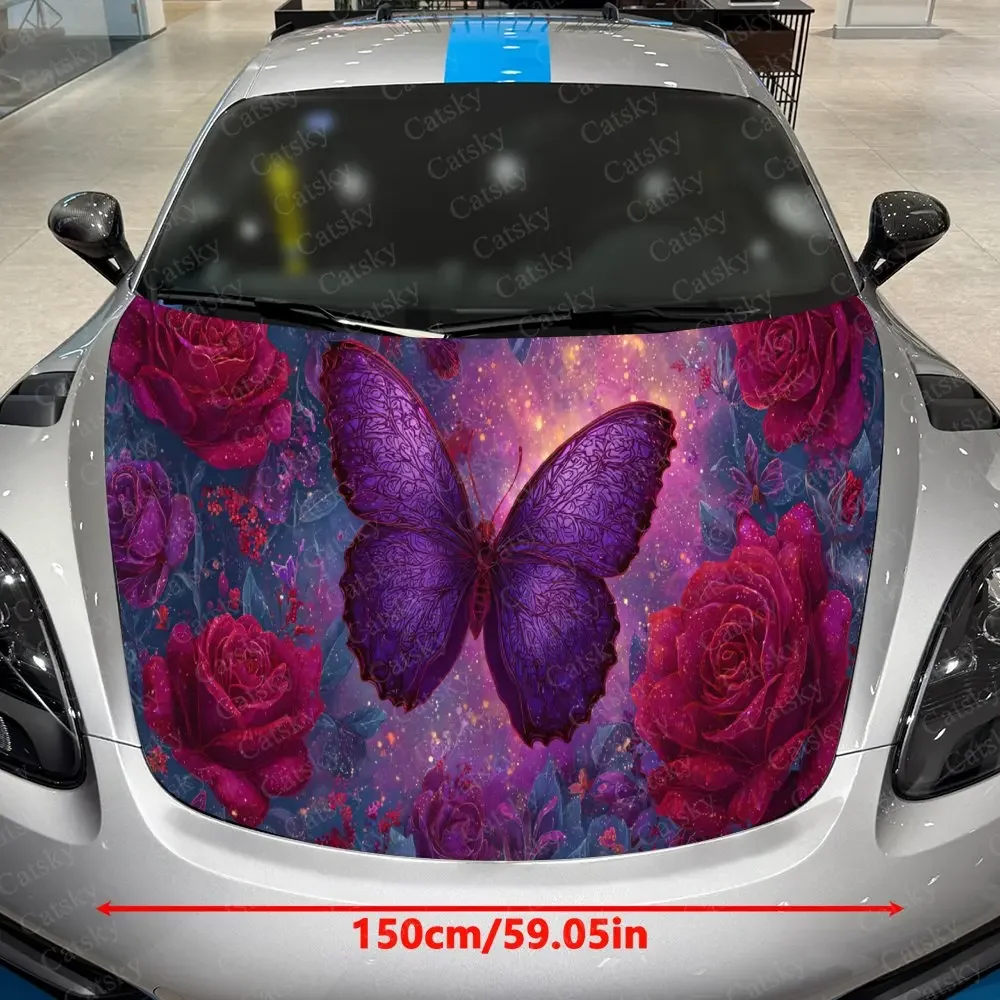 Vibrant Rose & Butterfly Pattern PVC Car Hood Wraps, Self-Adhesive Waterproof Car Bonnet Decal Sticker, Car Decoration Protectio