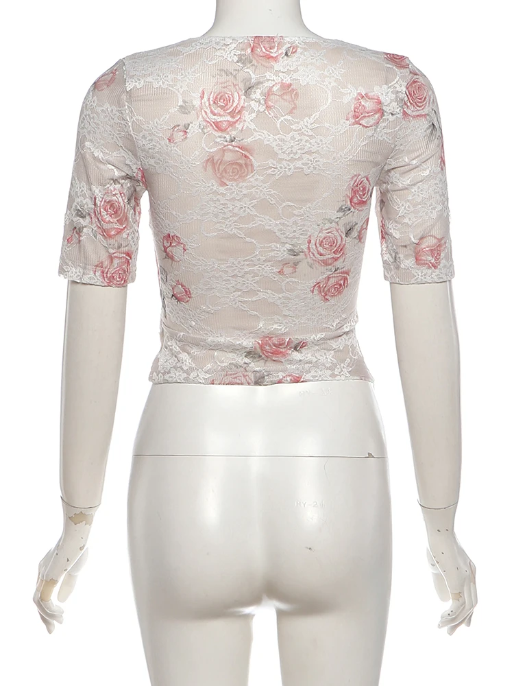 Weird Puss Sexy 2-teiliges Set für Damen, durchsichtiges Jacquard-T-Shirt mit Rundhalsausschnitt + Rock mit elastischem Bund und Schleifendekoration, schickes Sommer-Party-Outfit – Detail 7