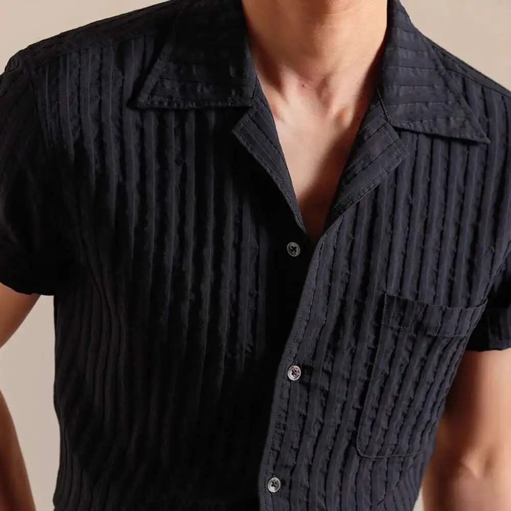 Jacquard Striped Short Sleeved Men's Shirt Summer Thin Casual Loose Cuban Collar Men's Shirt Camisa Social Masculina Shirt