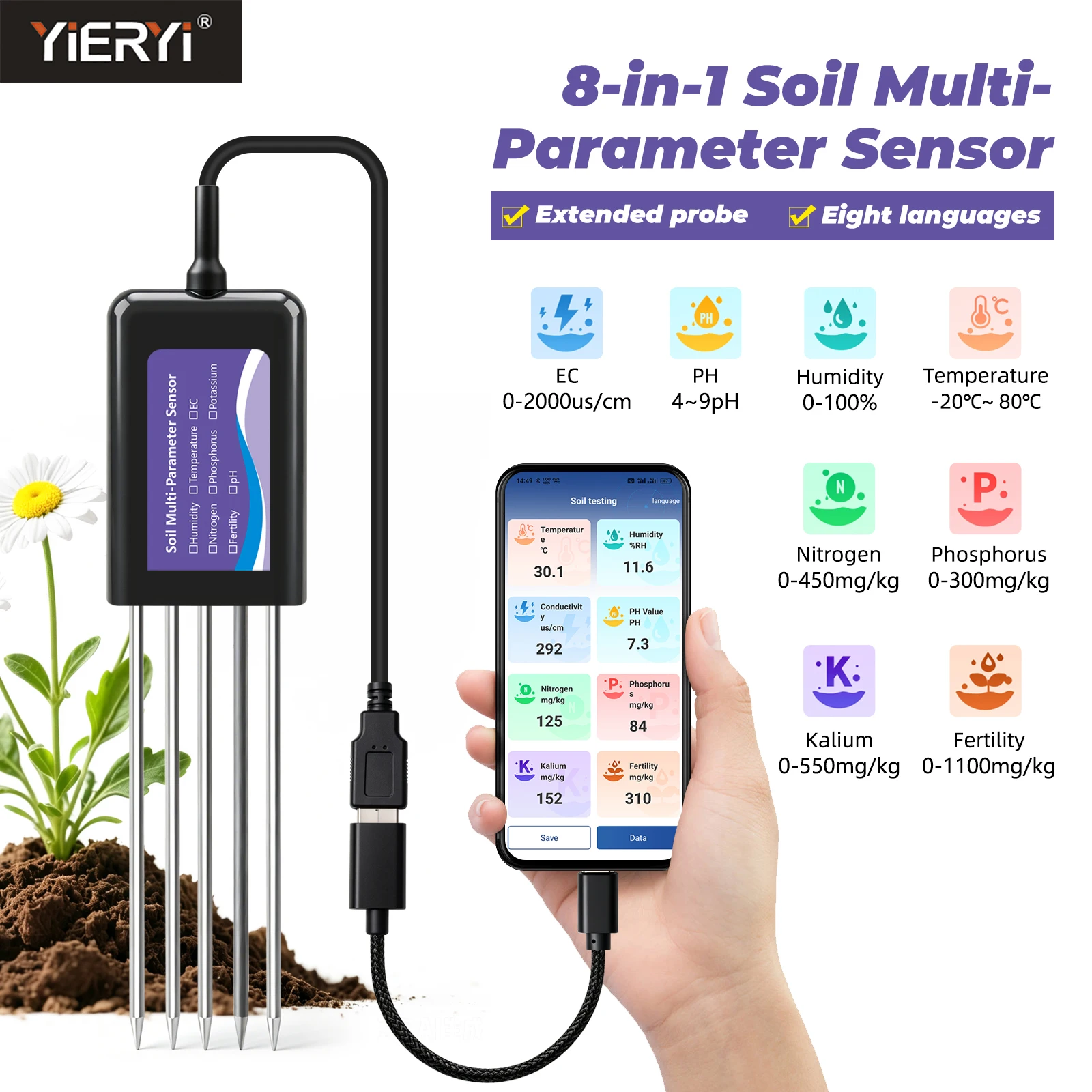App Smart Garden - Yieryi 8-w-1 Inteligentny Czujnik Gleby NPK