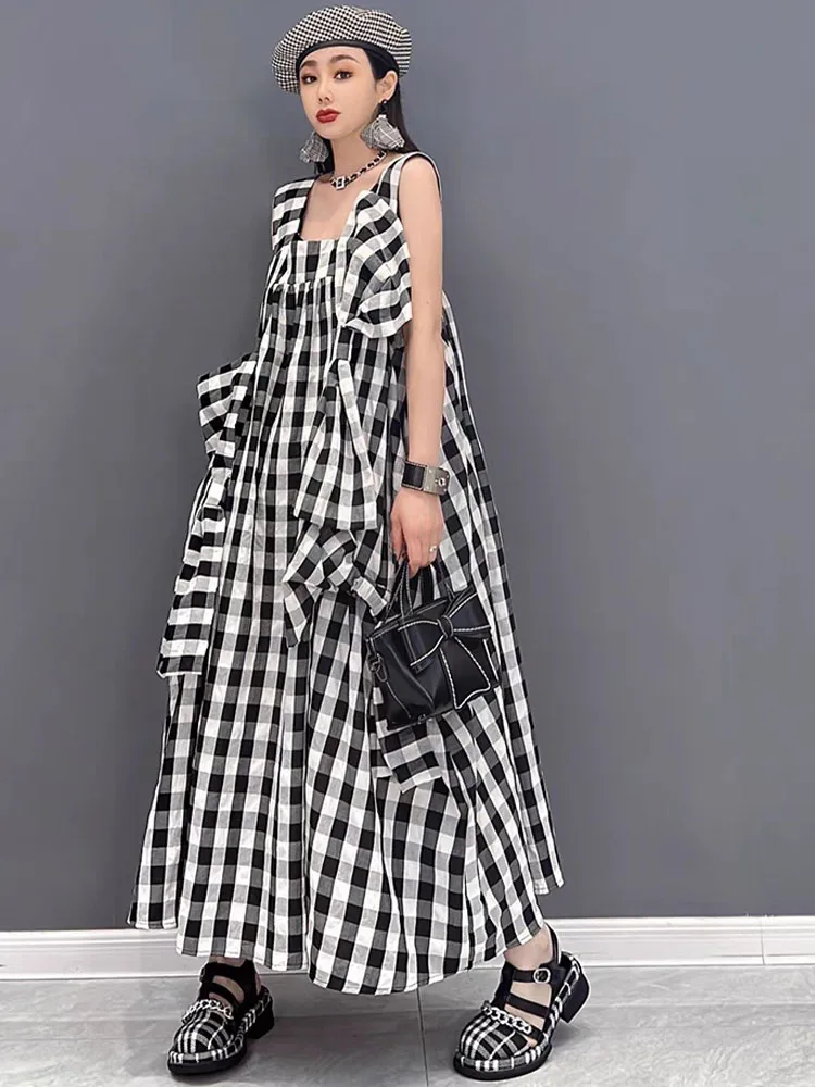 NYFS 2024 Summer New Plaid Dresses Backless Sleeveless Patchwork Bow Small Fresh Minority Elegant Loose Plus Size Long Dress