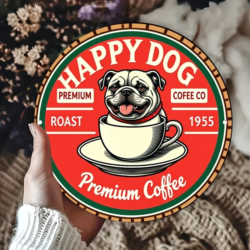 1pc 8*8inch Round Aluminum Sign | Vintage Aluminum Plaque, Happy Dog Coffee Shop 1955, Vintage Dog Coffee Cup Decoration